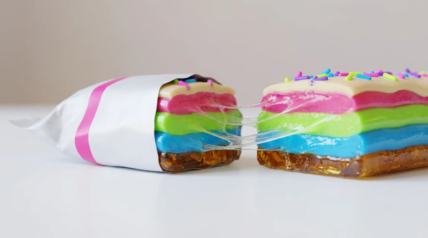 Preview Model #01 snapped in half, showing blue, lime and pink taffy over an amber crackle shell