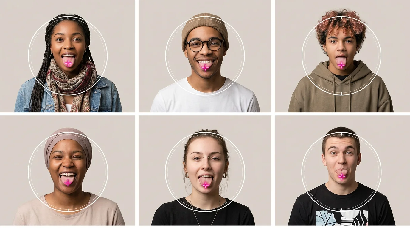 Six people sticking their tongues out, each locked in a scanner reticle